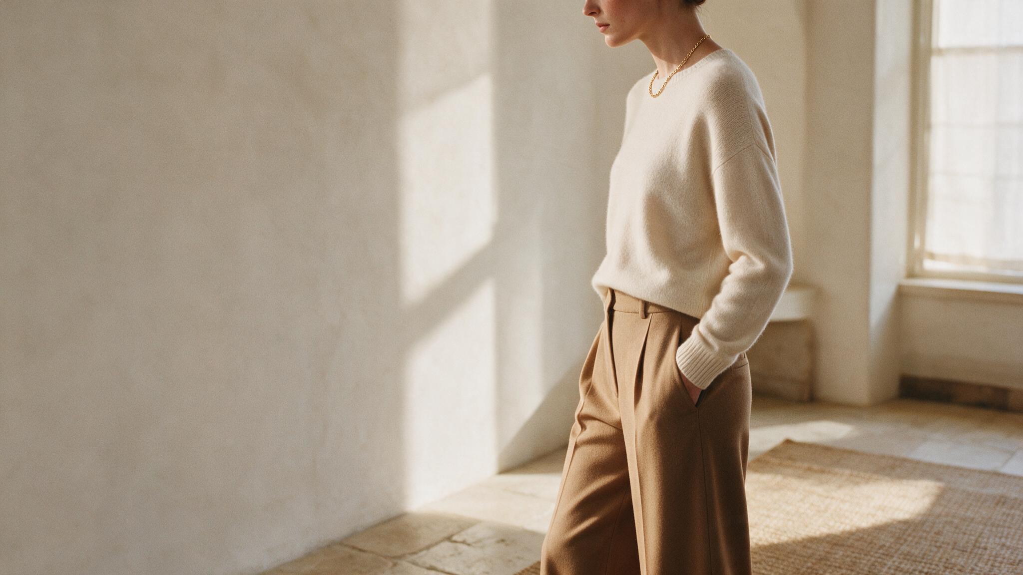 Editorial portrait of a woman styled in a tailored neutral outfit
