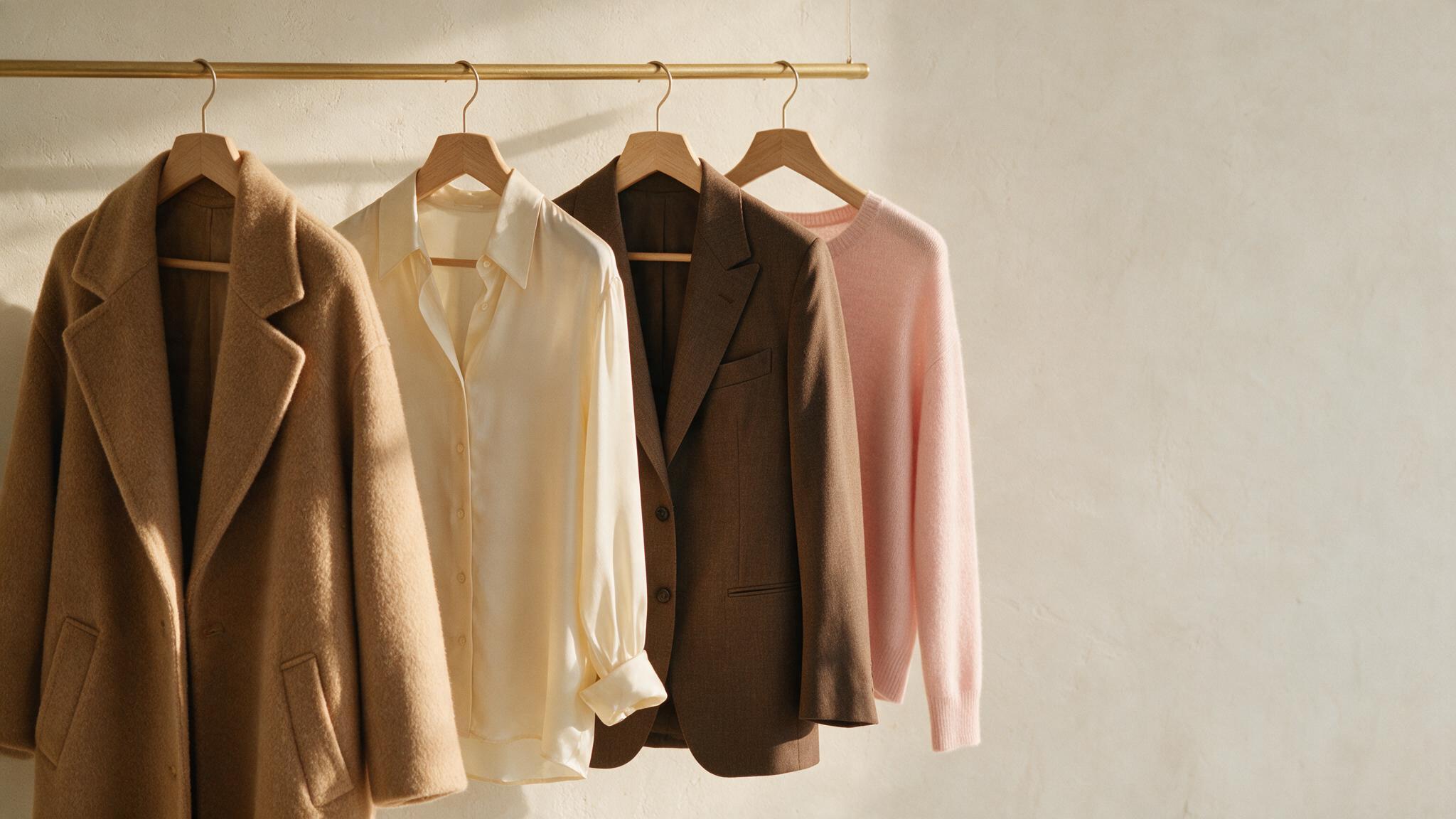 A wardrobe rail of neatly hung garments in warm neutral tones