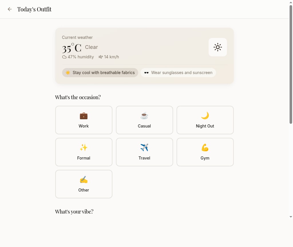Today's Outfit screen in AI Wardrobe, showing a styled look with weather and occasion