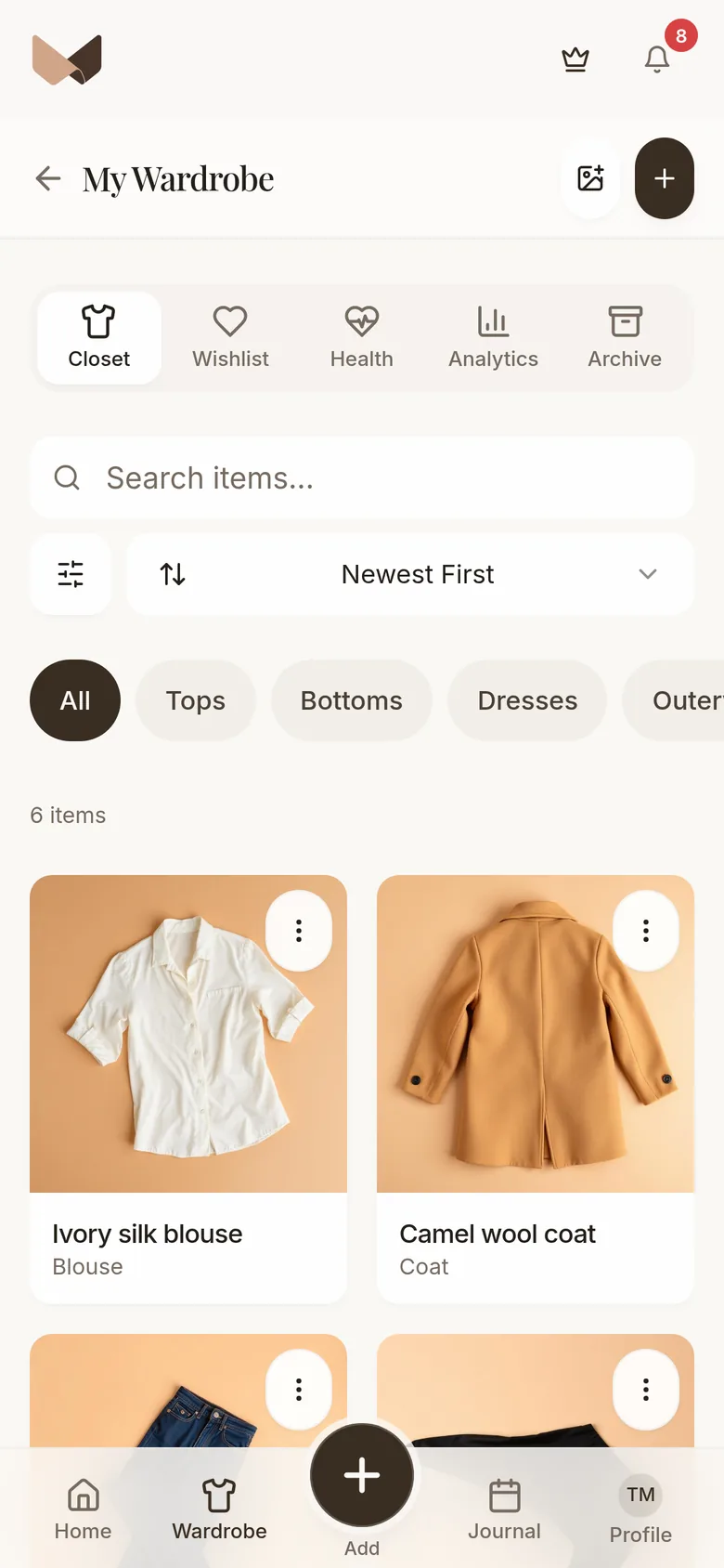 Real wardrobe screen displaying clothing items