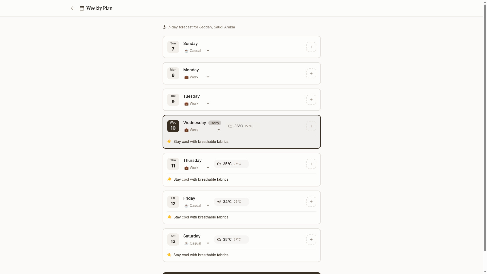 The Weekly Plan screen in AI Wardrobe, showing seven days of outfits