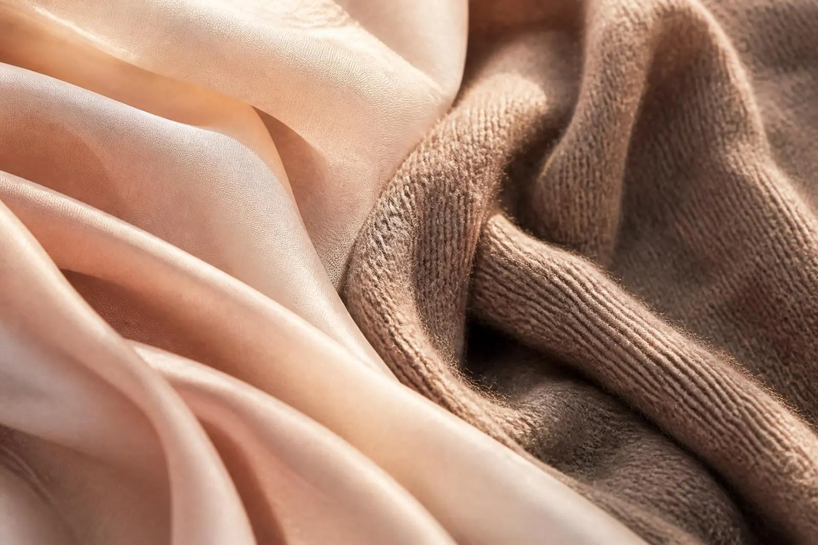 Close-up of layered silk and cashmere fabrics