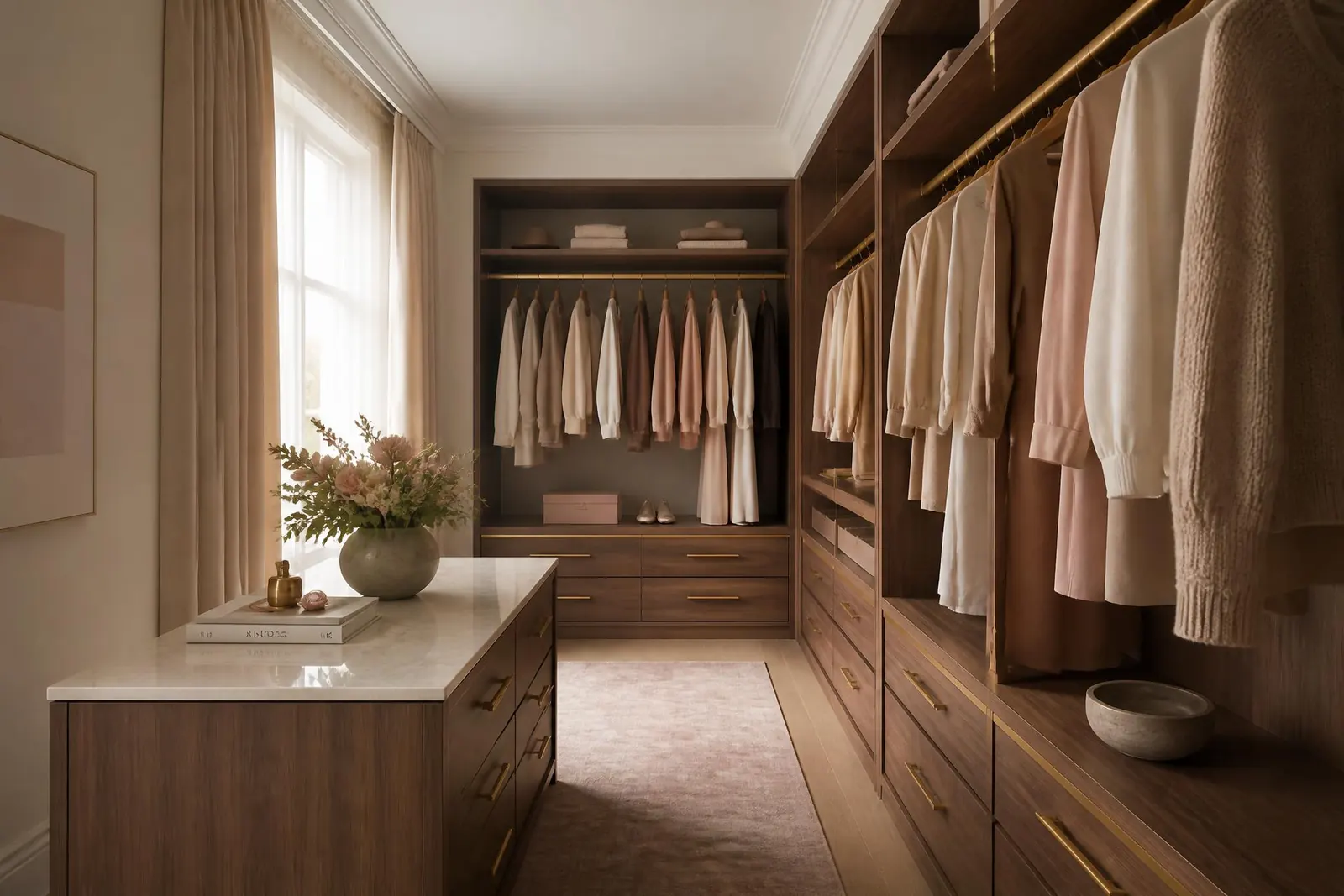 Serene walk-in wardrobe interior in bone and walnut