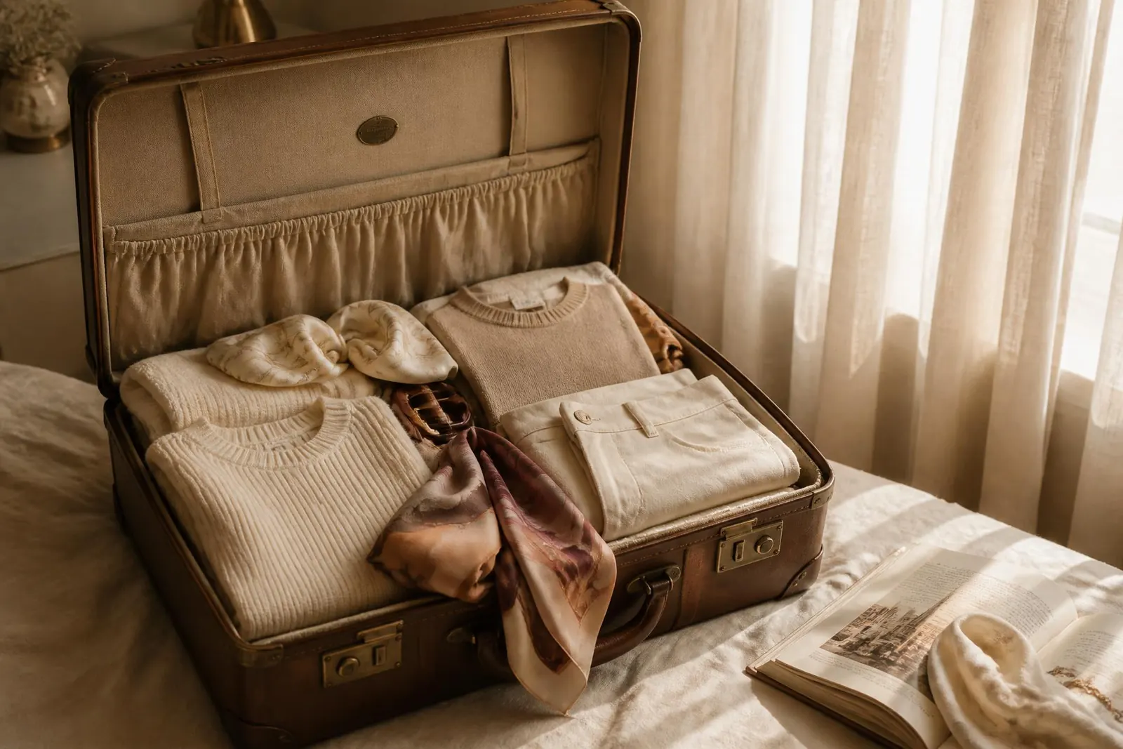 Open vintage suitcase with folded neutral travel wardrobe