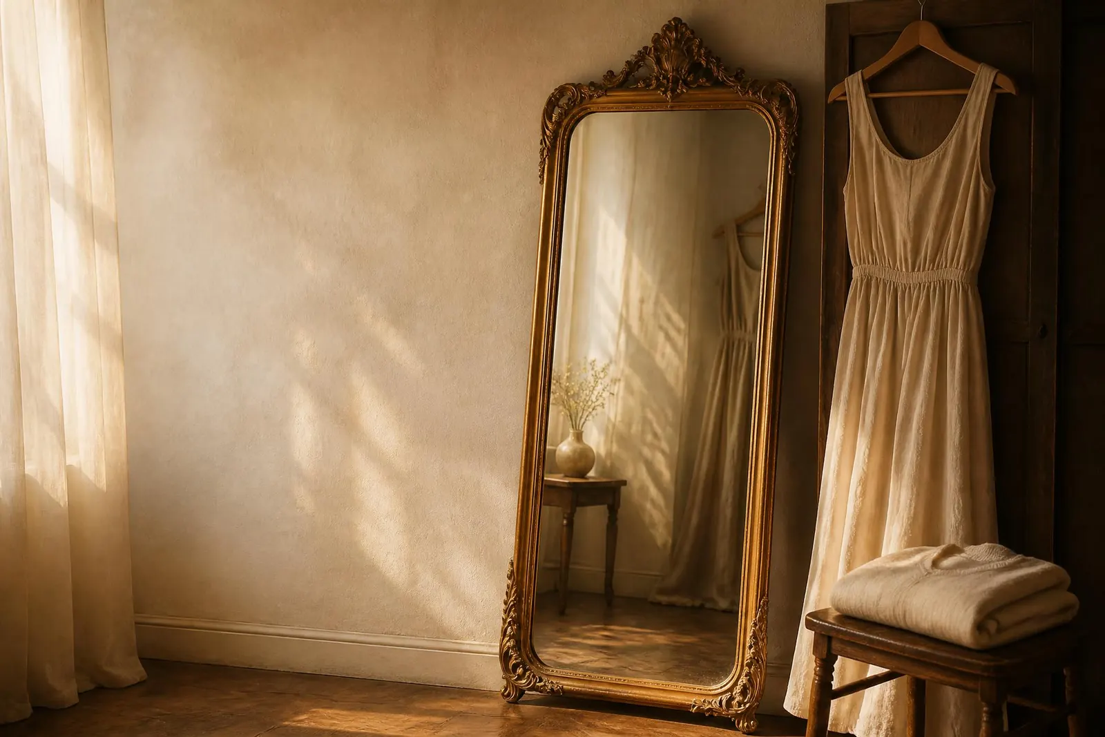 Antique gilded mirror in warm golden light with hanging linen dress