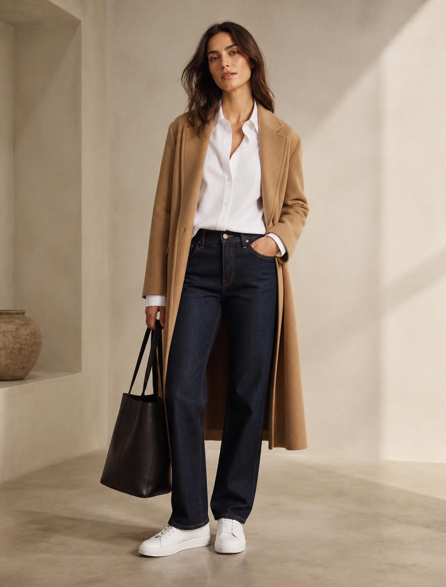 A woman wearing a camel coat over a white blouse, indigo jeans, white sneakers, carrying a black leather tote